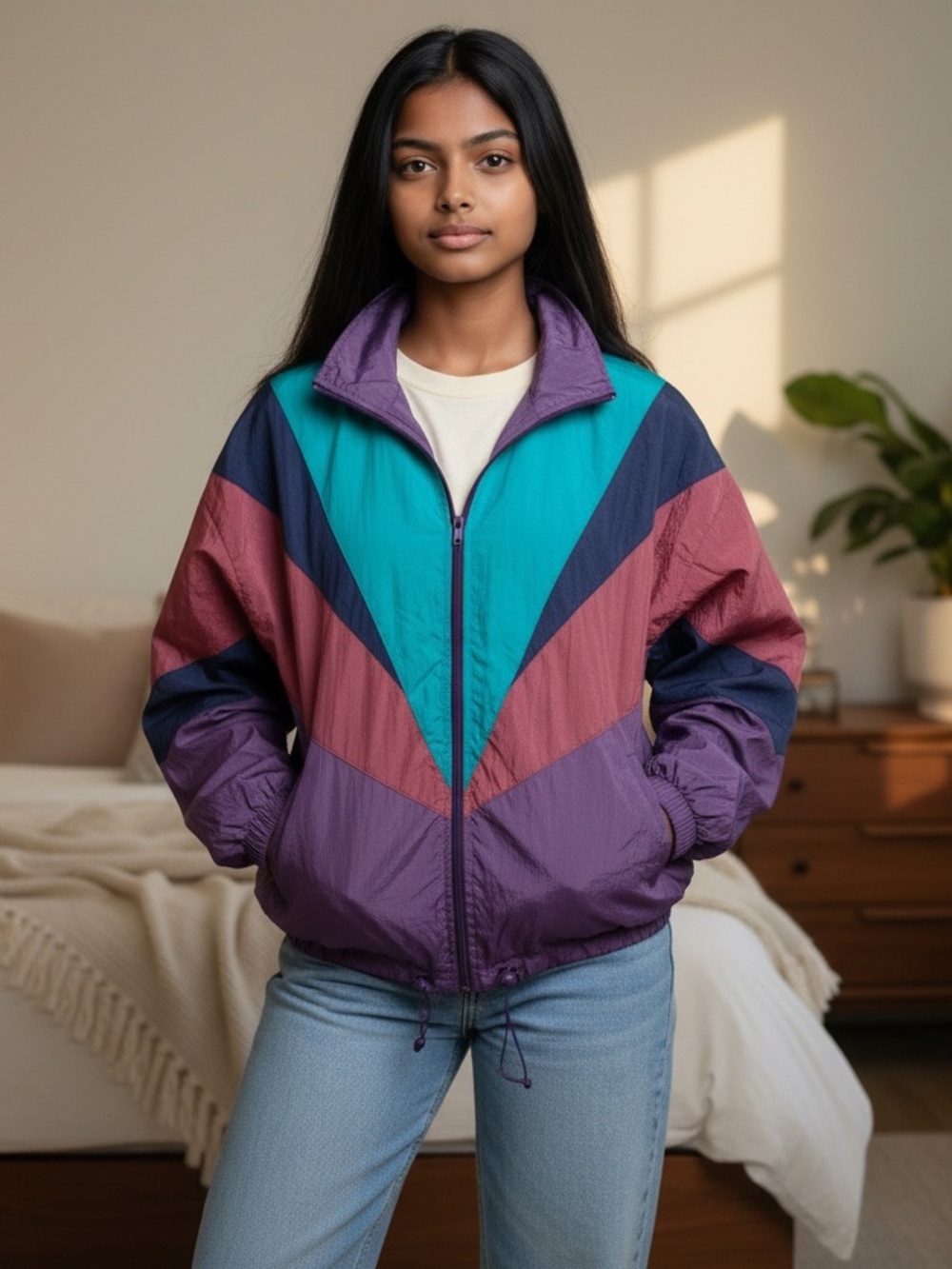 Vtg USA Olympics Retro Colorblock Bomber Jacket in Teal, Purple & Mauve